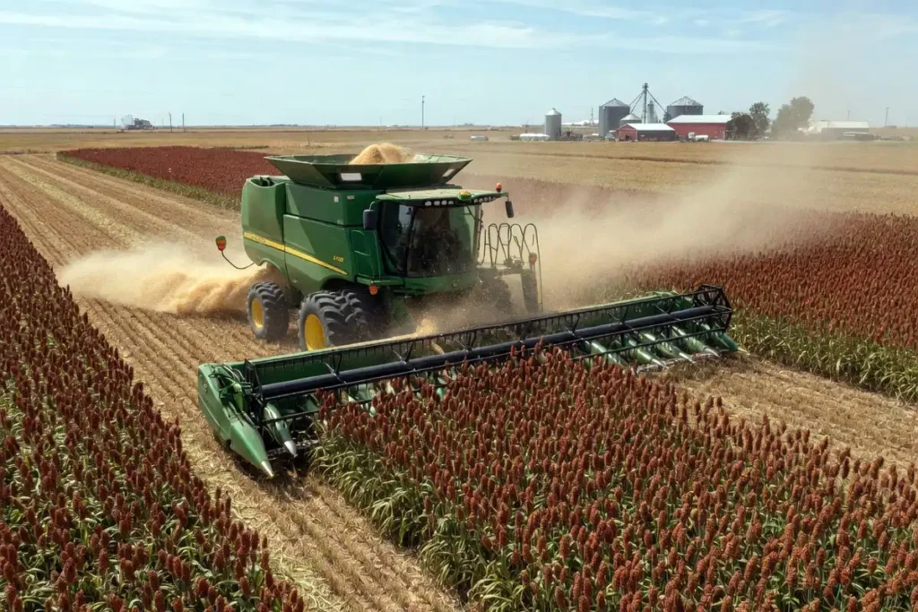 Combine cutting standing rows of grain sorghum