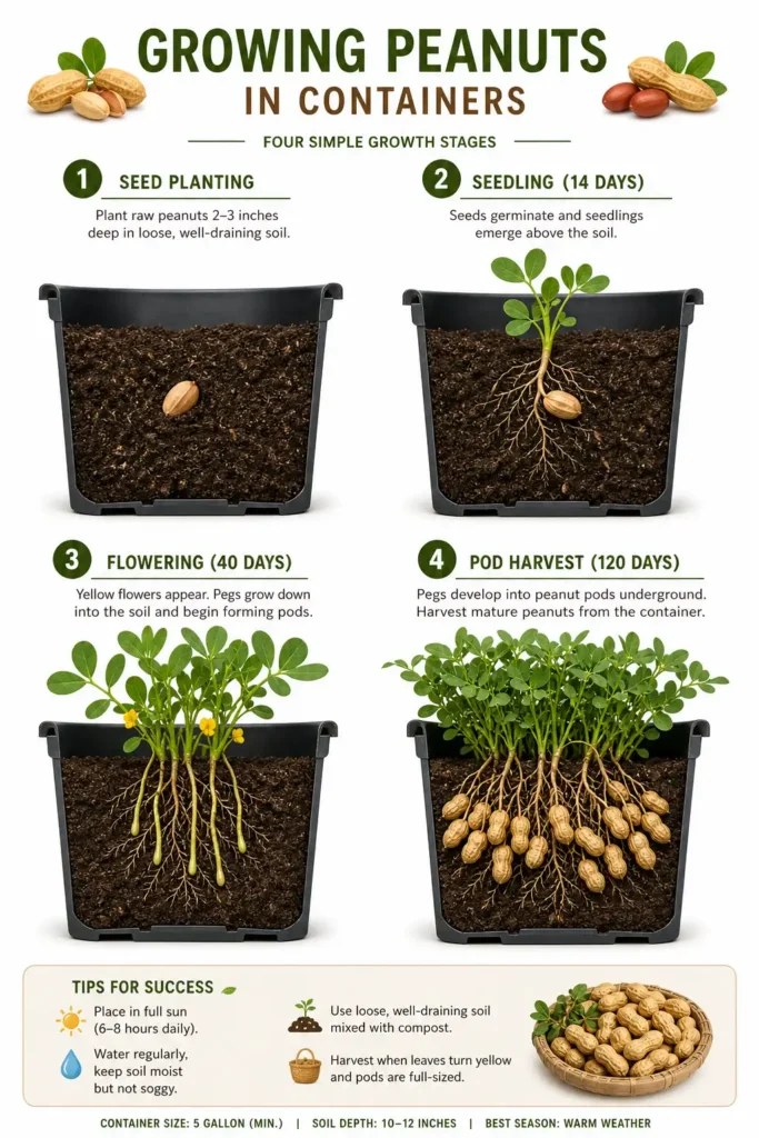 Infographic showing peanut plant growth stages from seed to harvest in a container