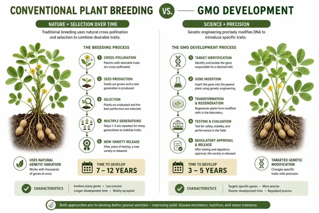 Infographic comparing conventional peanut breeding and GMO methods
