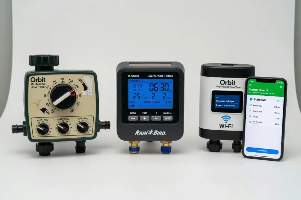 Three drip irrigation timer types compared side by side