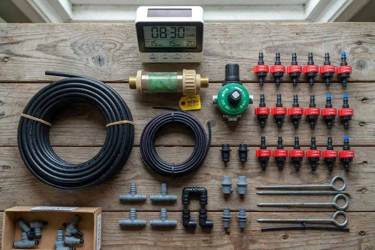 Drip irrigation kit components arranged on workbench