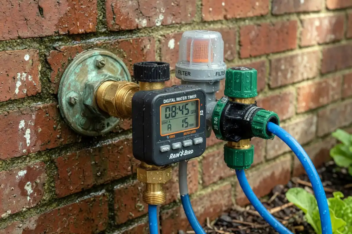 Digital drip irrigation timer attached to outdoor garden hose bibb