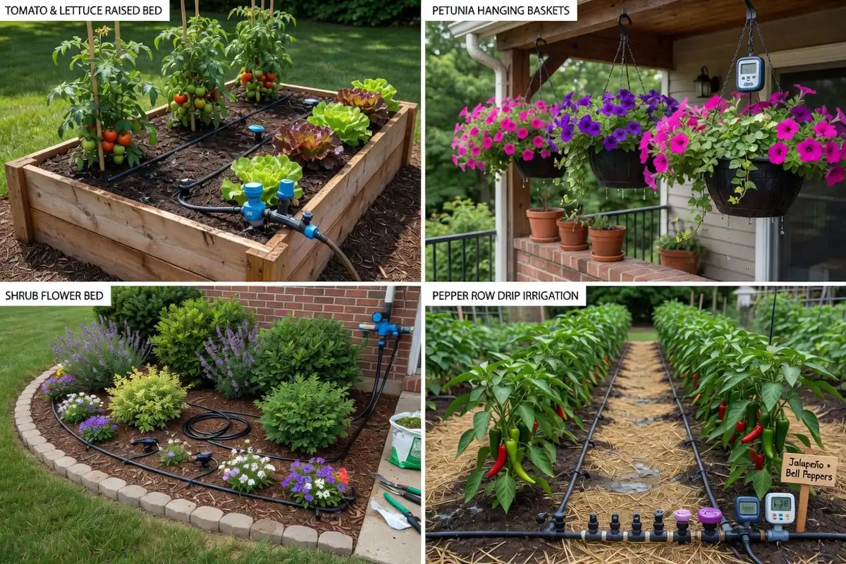 Drip irrigation kits installed in different garden settings