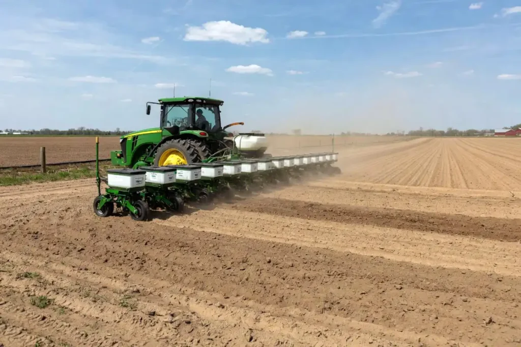 Farmer using precision planter for peanut seed in sandy field