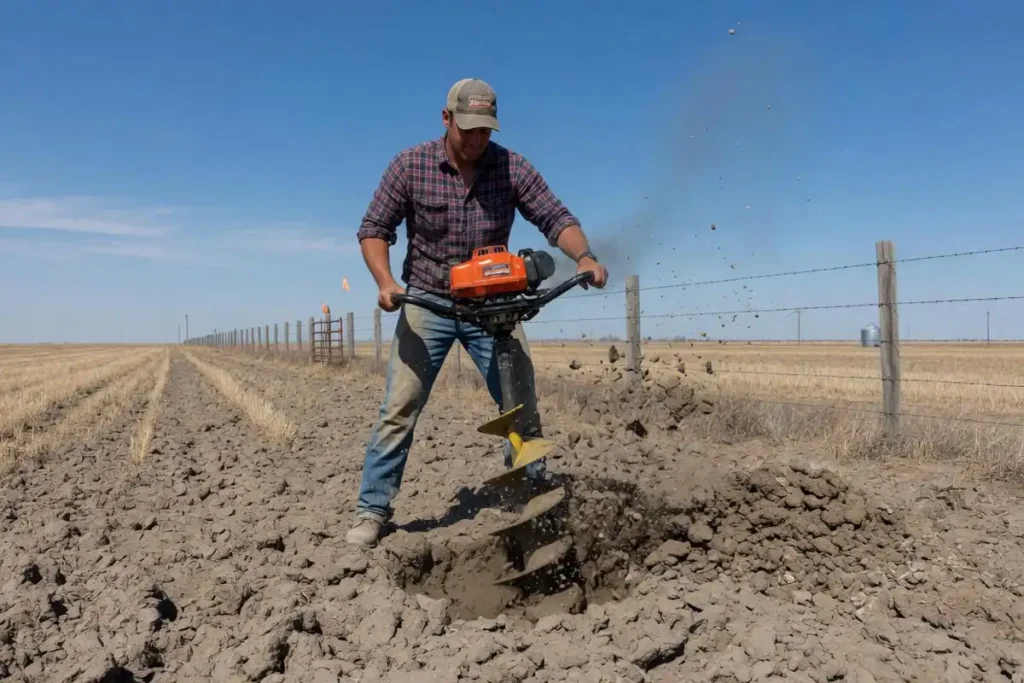 Farmer using gas auger to dig fence post hole in clay