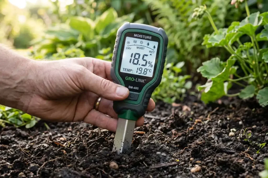 Farmer testing soil with digital moisture meter in field