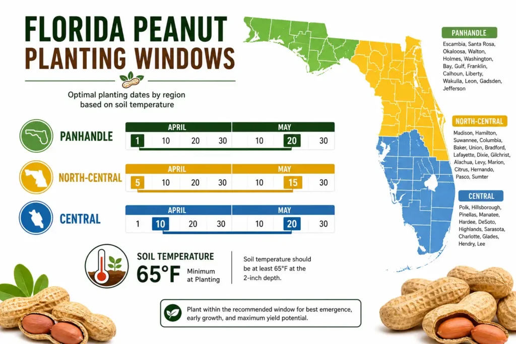 Florida peanut planting calendar by region from April through May