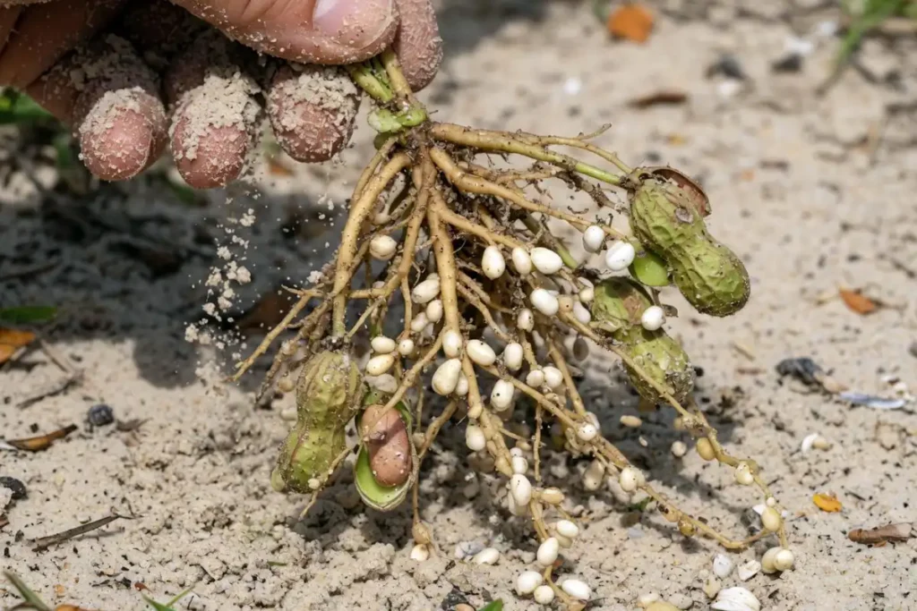 eanut plant roots with nitrogen-fixing nodules in sandy Florida soil
