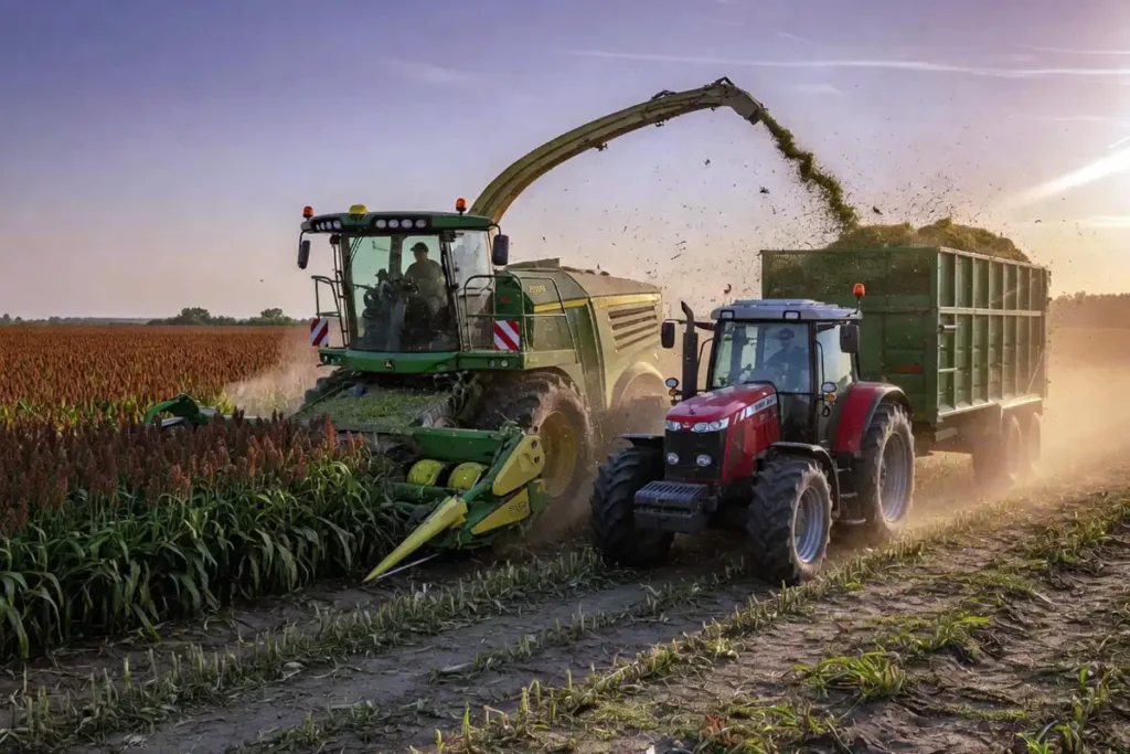 Self-propelled forage harvester chopping sorghum silage