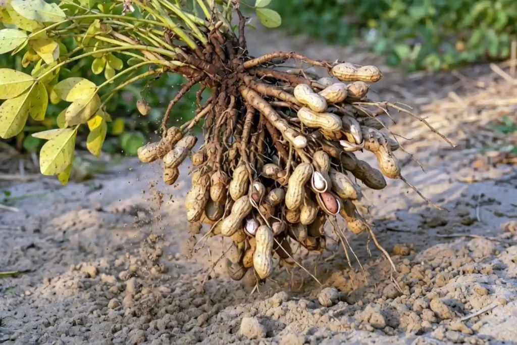 mature peanut plant lifted from soil showing pods on roots
