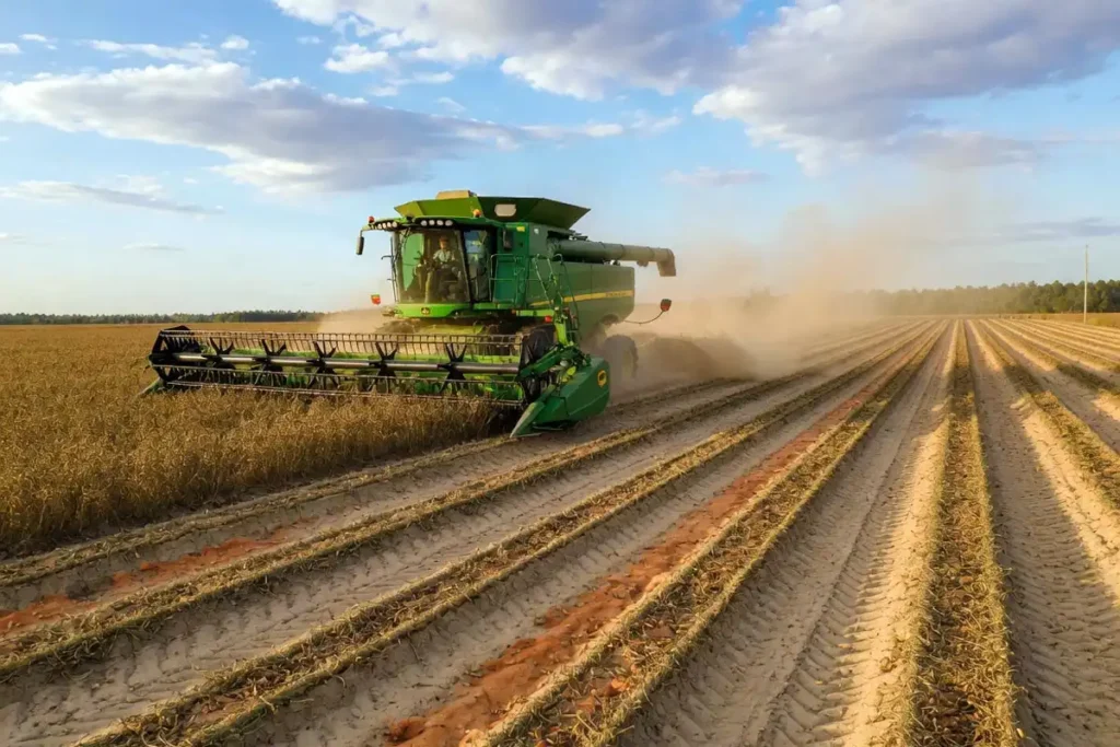 Combine harvester collecting peanuts in a Georgia field