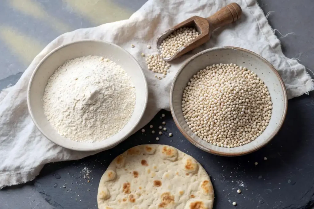 White sorghum flour and whole grain in wooden bowls