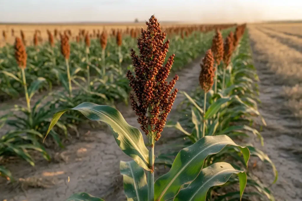 Mature grain sorghum plant with bronze panicle in summer field