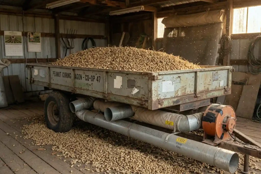 Freshly threshed peanuts loaded in a curing wagon for drying