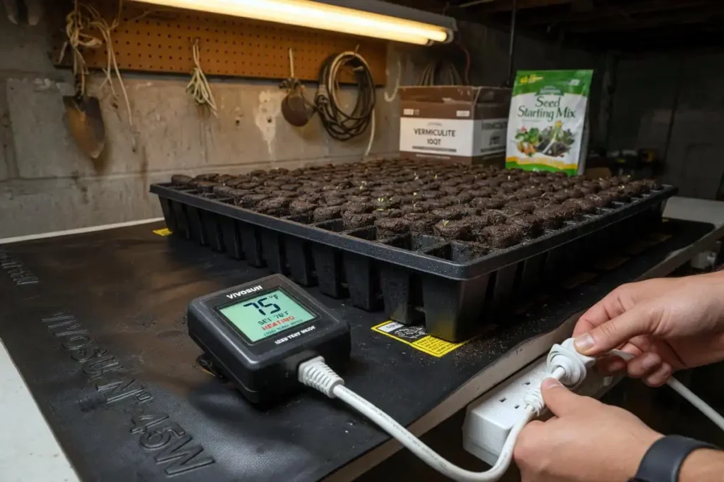 Seed starting heat mat with digital thermostat under tray