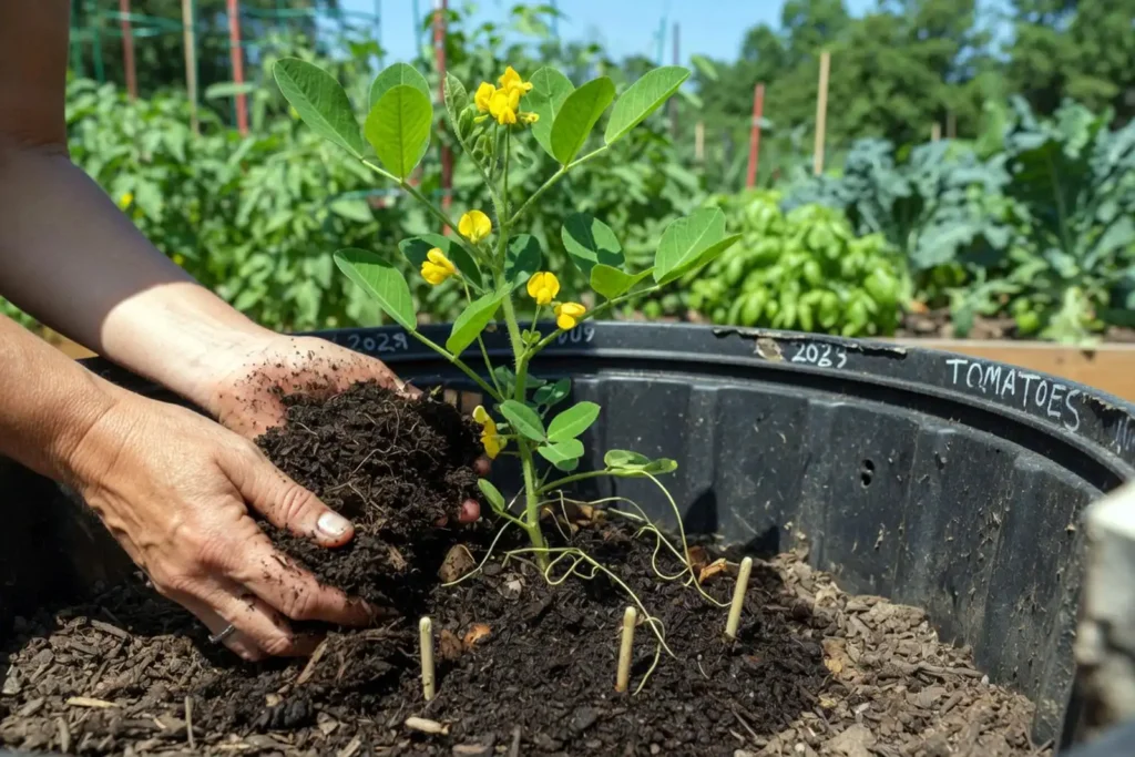 Hilling soil around a flowering peanut plant in a container