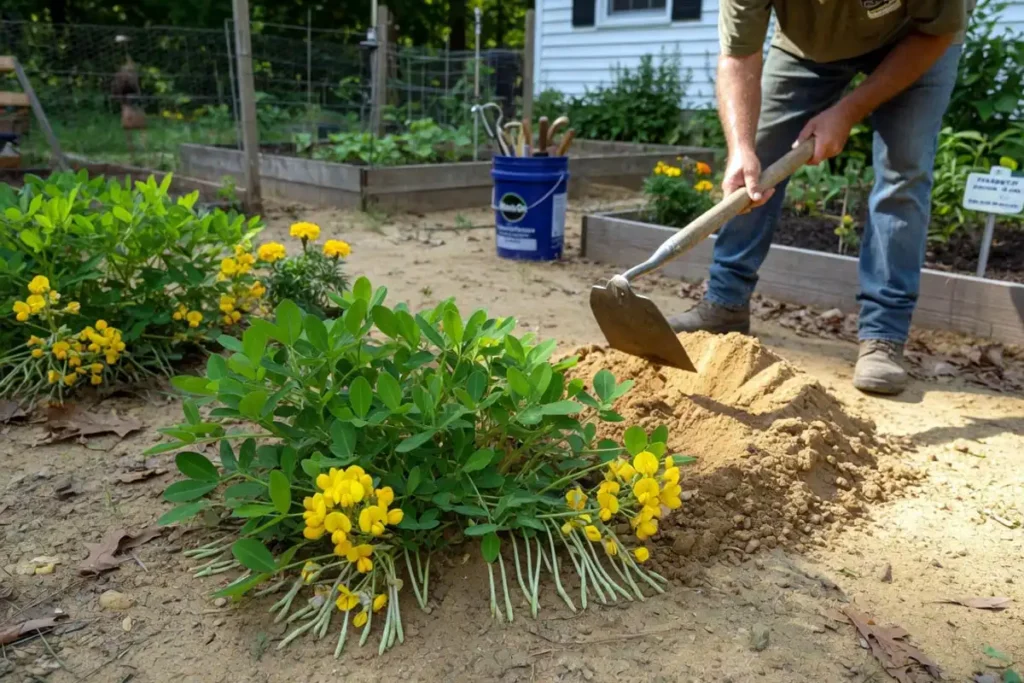 Mounding soil around flowering peanut plants for pegging