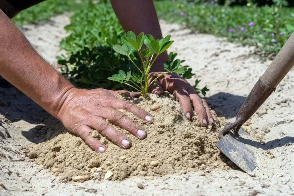 Gardener hilling soil around young peanut plants