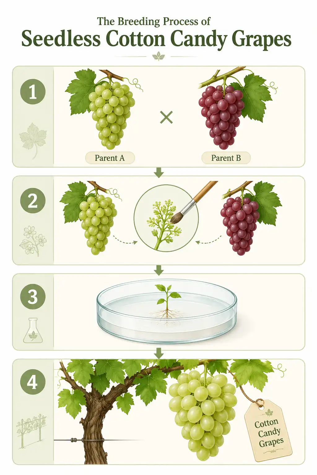 Infographic of the embryo rescue breeding process for seedless cotton candy grapes