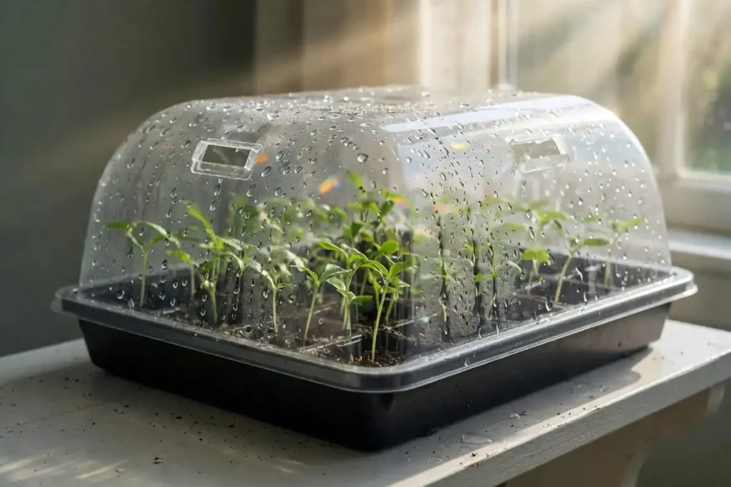 Vented humidity dome covering seed starting tray with sprouts