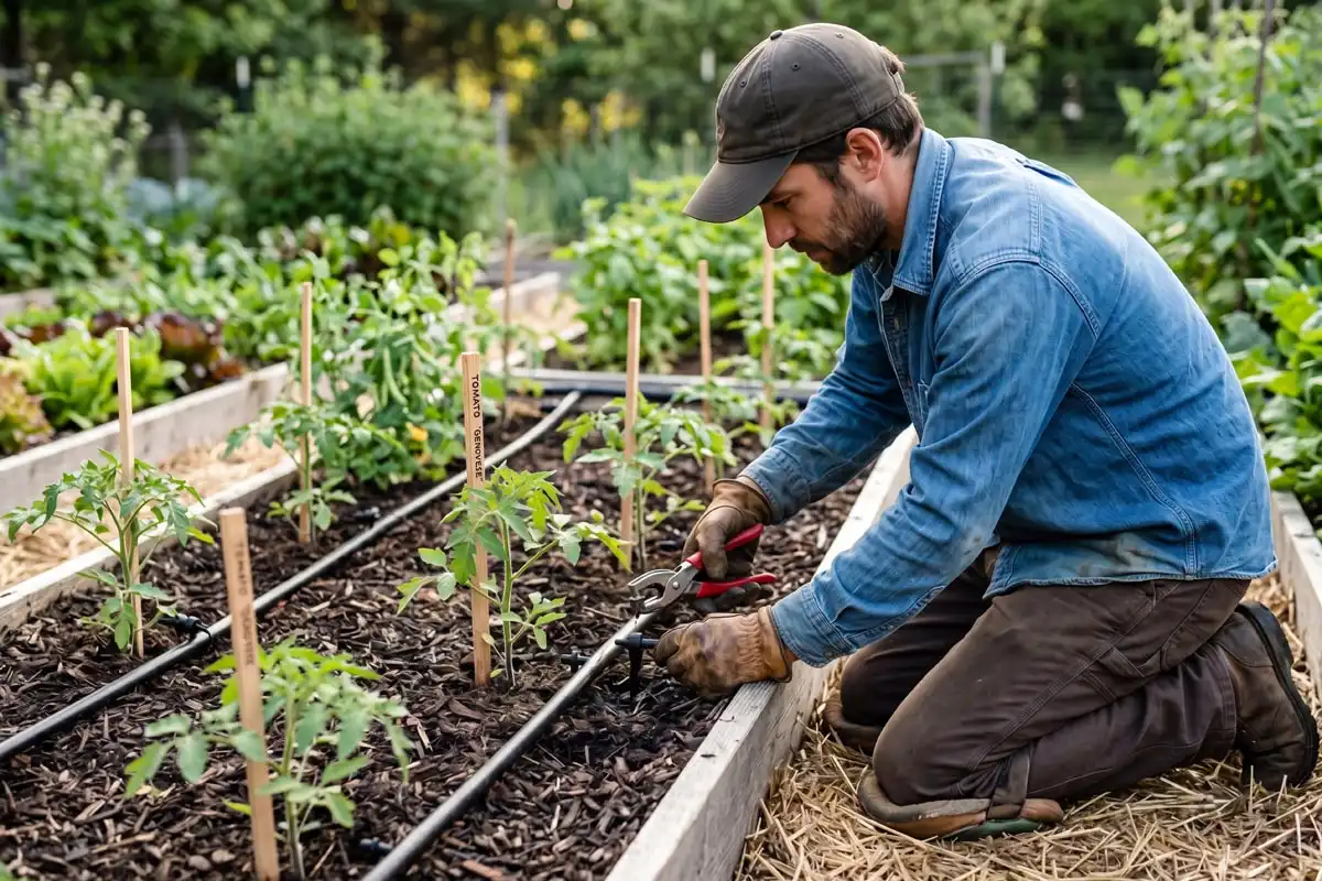Farmer installing drip irrigation tubing in raised garden bed