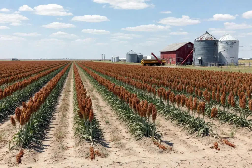 Sorghum field on a Kansas farm under summer sky