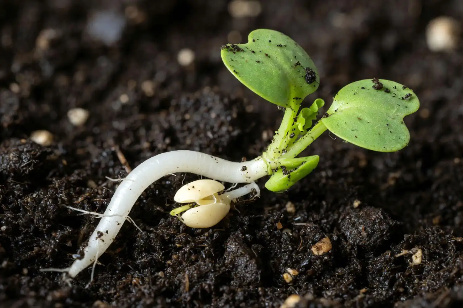 Lettuce seed sprouting in soil showing what a germinating lettuce seed looks like