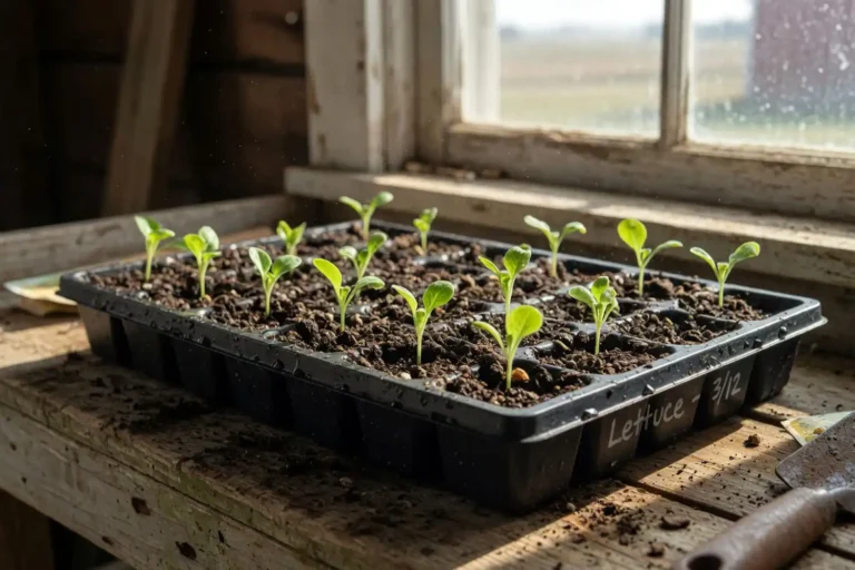 Tiny lettuce seedlings germinating in a black seed starting tray with green cotyledons