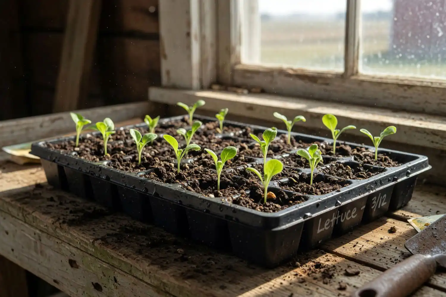 Tiny lettuce seedlings germinating in a black seed starting tray with green cotyledons