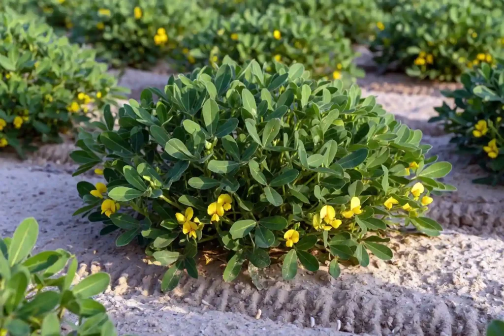 mature peanut bush at full height in farm row