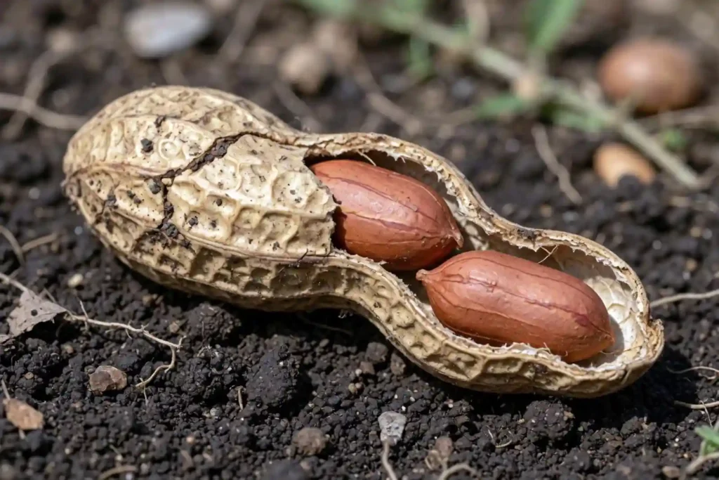 Close-up of mature peanut pod showing dark veined shell