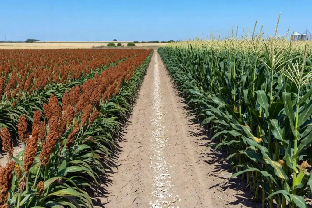 Milo plants and corn plants growing in adjacent farm rows
