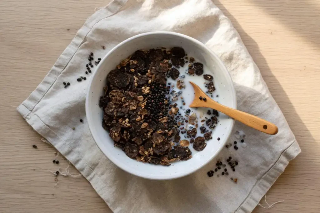 Whole grain breakfast cereal in a ceramic bowl
