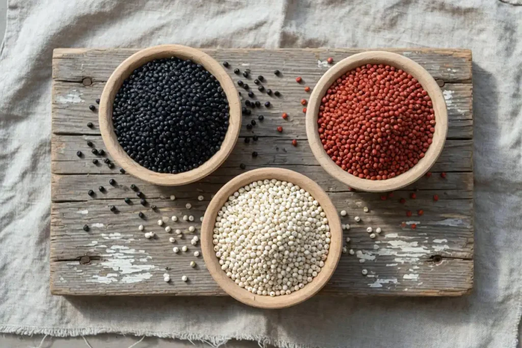 Black sorghum seeds compared with red and white grain