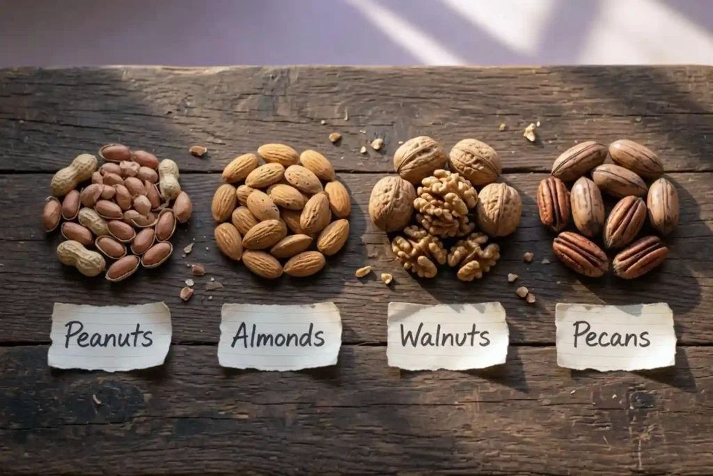 peanut shells beside almond walnut and pecan shells on wood