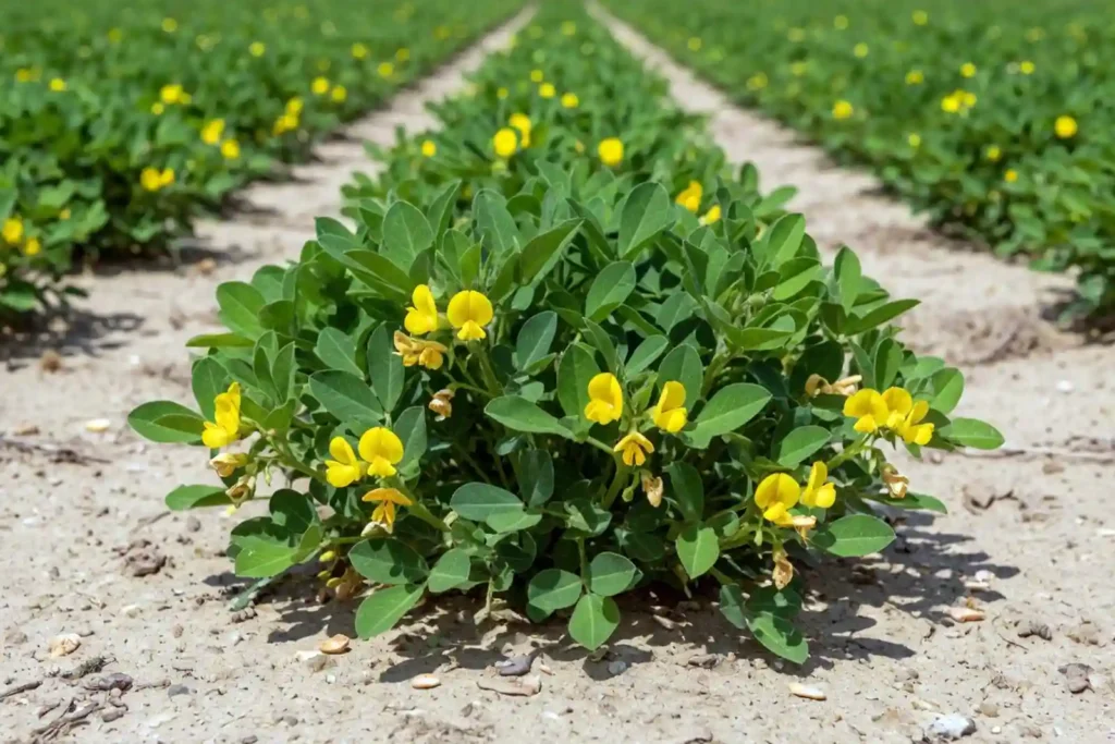 Bushy peanut plant with yellow flowers in a sandy field