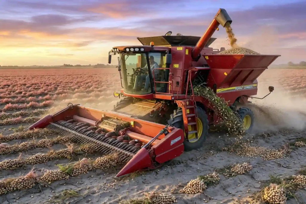 Peanut combine harvester picking dried windrows in field