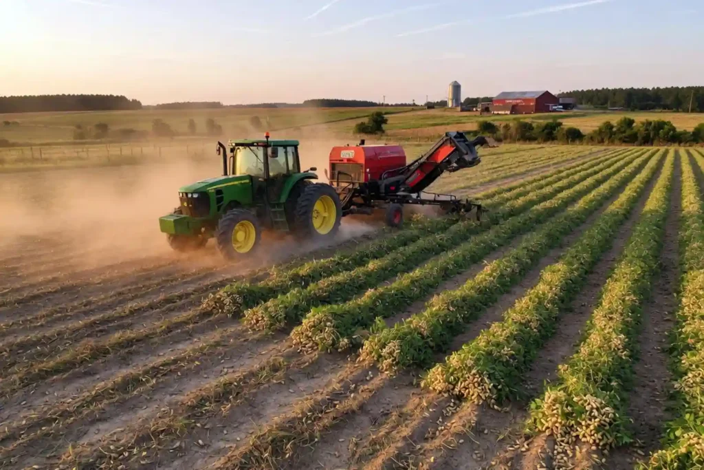 Tractor digger inverter flipping peanut vines in Georgia field