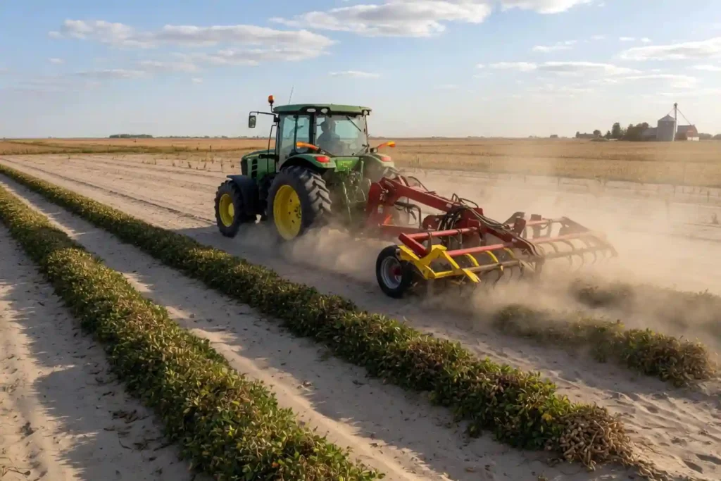 Tractor pulling peanut digger inverter through harvest field