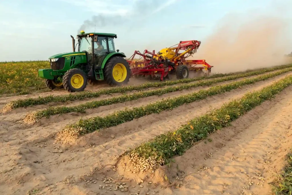 Tractor pulling peanut digger inverter laying windrows