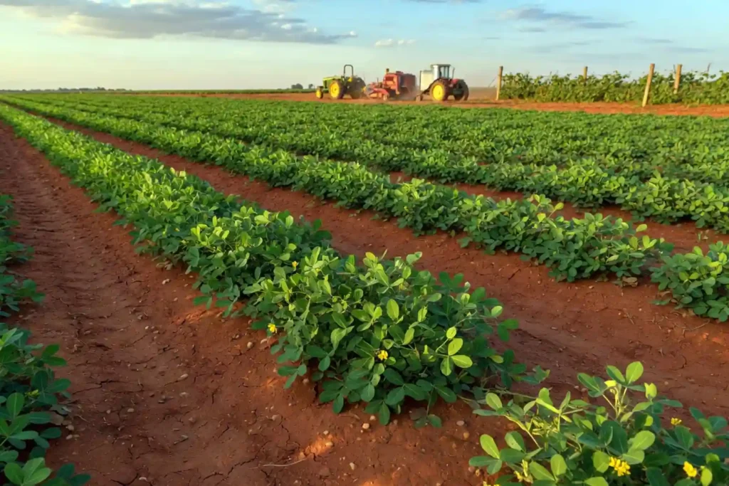 Mature peanut plants growing in red Georgia farm soil