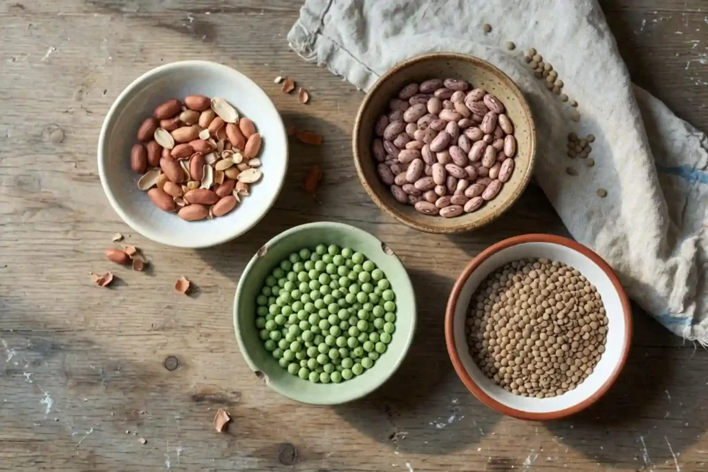 peanuts beans peas and lentils displayed together as legumes