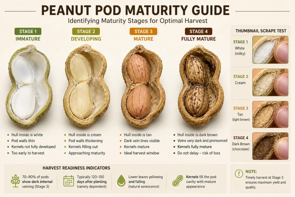 Infographic showing peanut pod maturity stages and harvest indicators
