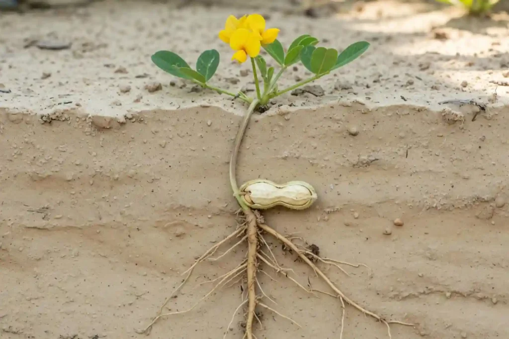 cross section showing peanut peg entering sandy soil to form pods