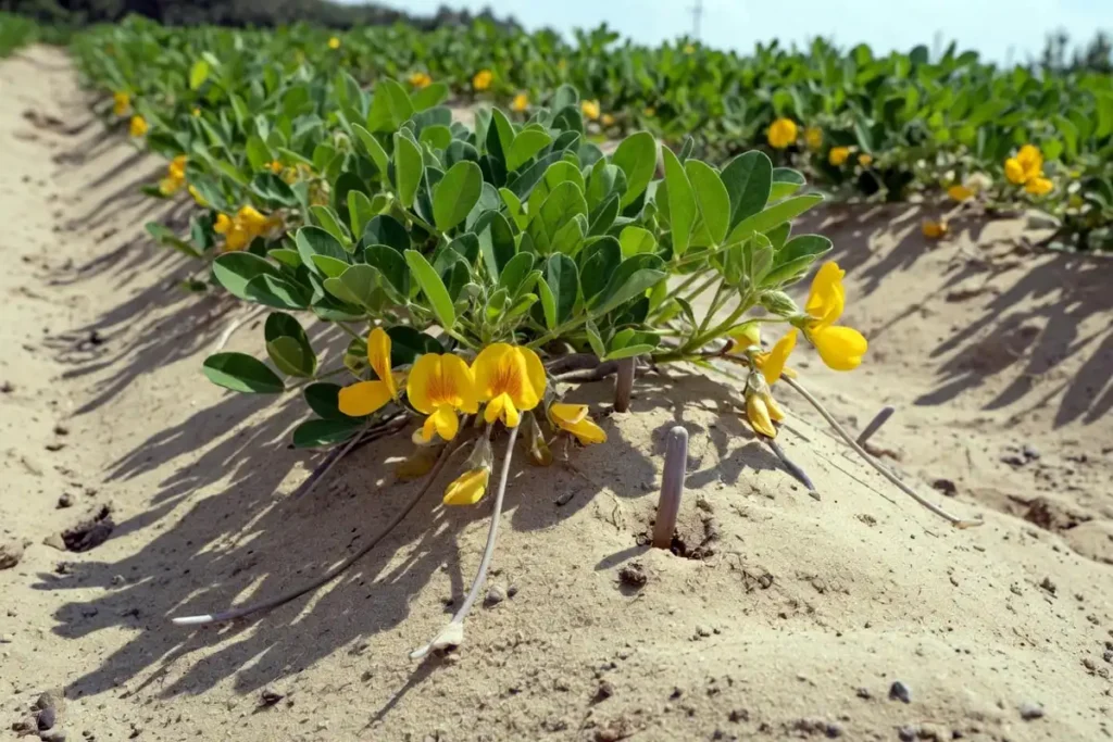 Peanut plant pegs entering soil during pod development