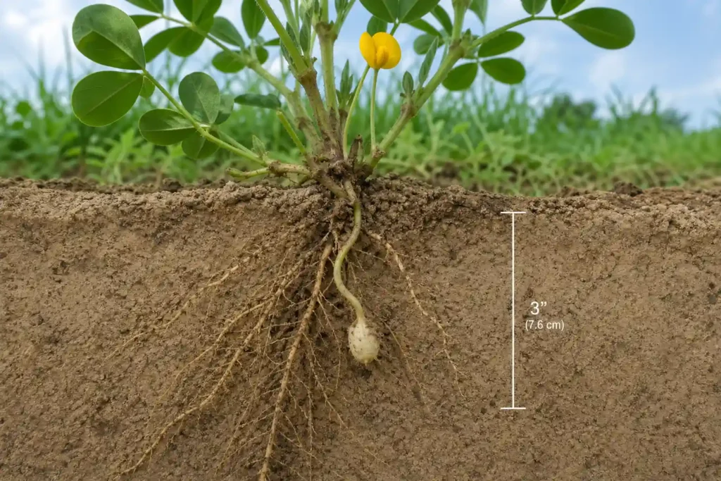 illustration showing peanut flower peg pushing into soil to form pod