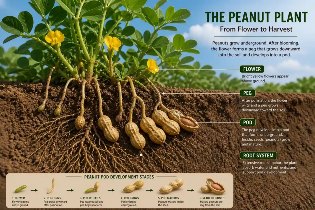 Infographic showing peanut pegs entering soil to form pods