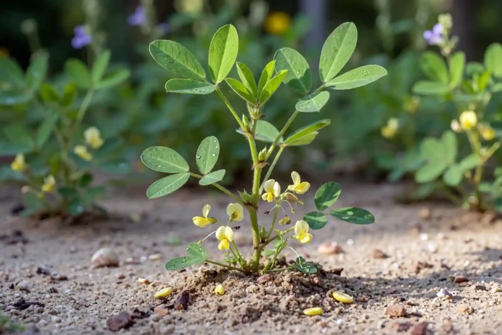 peanut plant with small yellow flowers above sandy garden soil