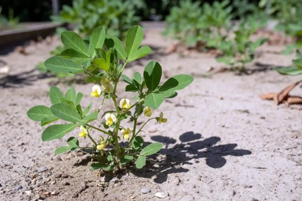 mature peanut plant with yellow flowers in a sandy garden bed
