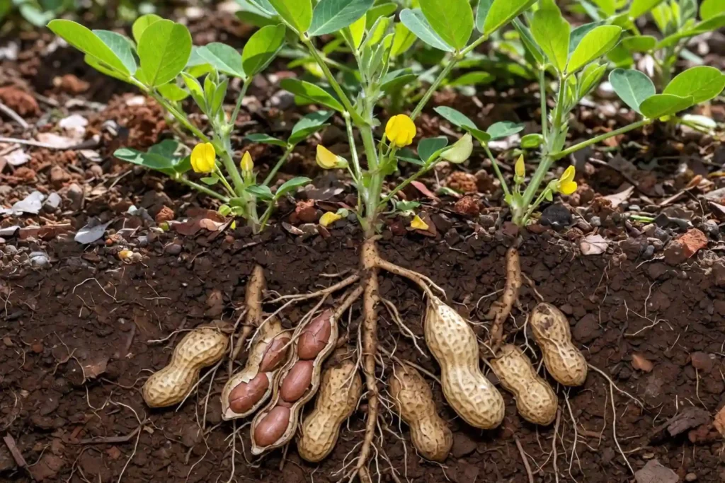 Peanut plant with pods developing underground in farm soil